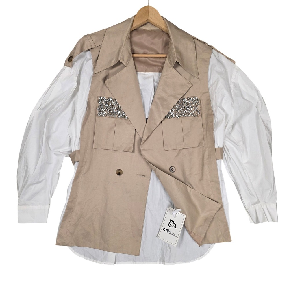 Two Tone Single Button Layered Shirt Rhinestone Embelished Women Size L Tan Chic